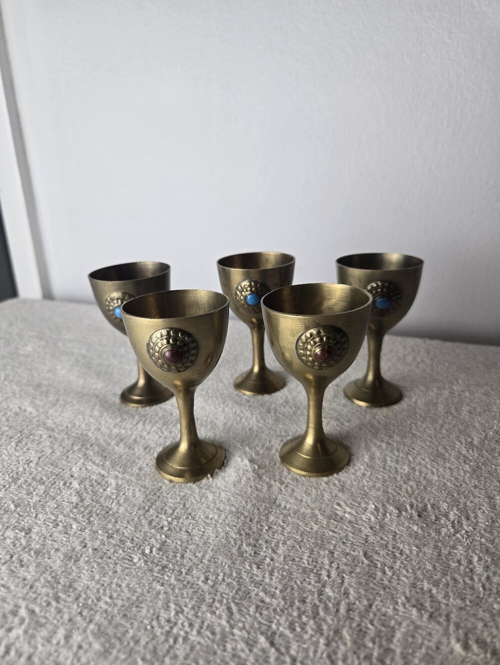 Vintage Brass Mini Goblet Shot Glass Set - Faux Turquoise & Coral Accents (5pc)